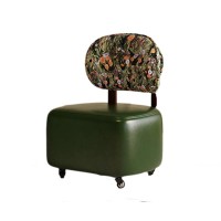 Vintage-Style Rolling Vanity Chair with Floral Backrest Cushion, Upholstered Seat, and 360° Caster Wheels – Brown
